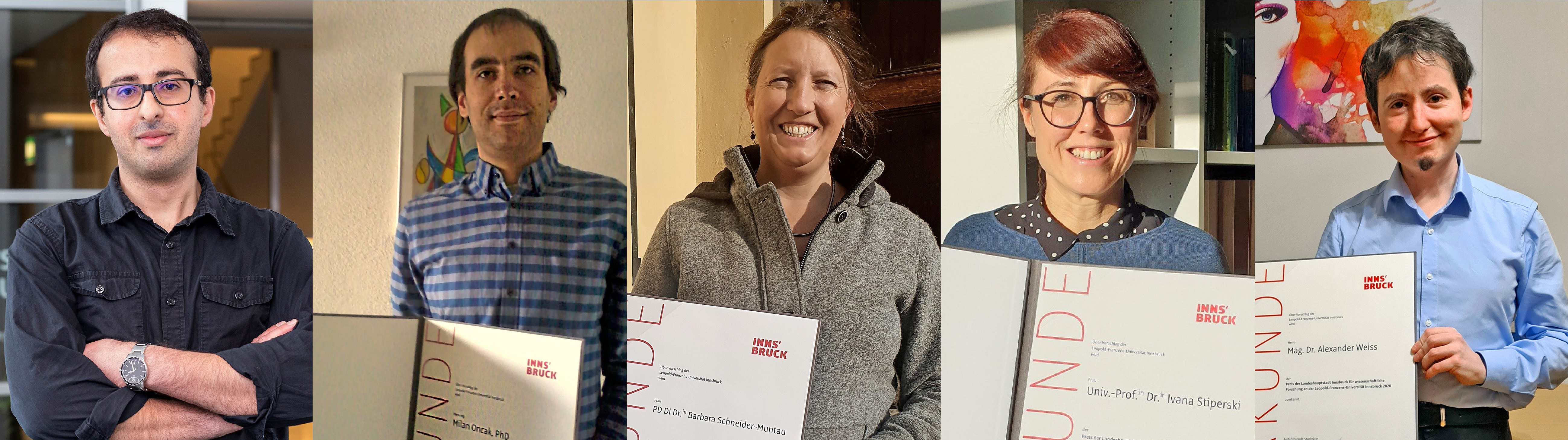 Insgesamt fünf ForscherInnen der LFU Innsbruck freuten sich über den Preis für ihre naturwissenschaftliche Forschung (von links): Milan Ončák, Barbara Schneider-Muntau und Ivana Stiperski sowie Farokh Mivehvar und Alexander Weiss (Fotos siehe unten) erhielten ihre Urkunden und Glückwünsche heuer coronabedingt per Post.