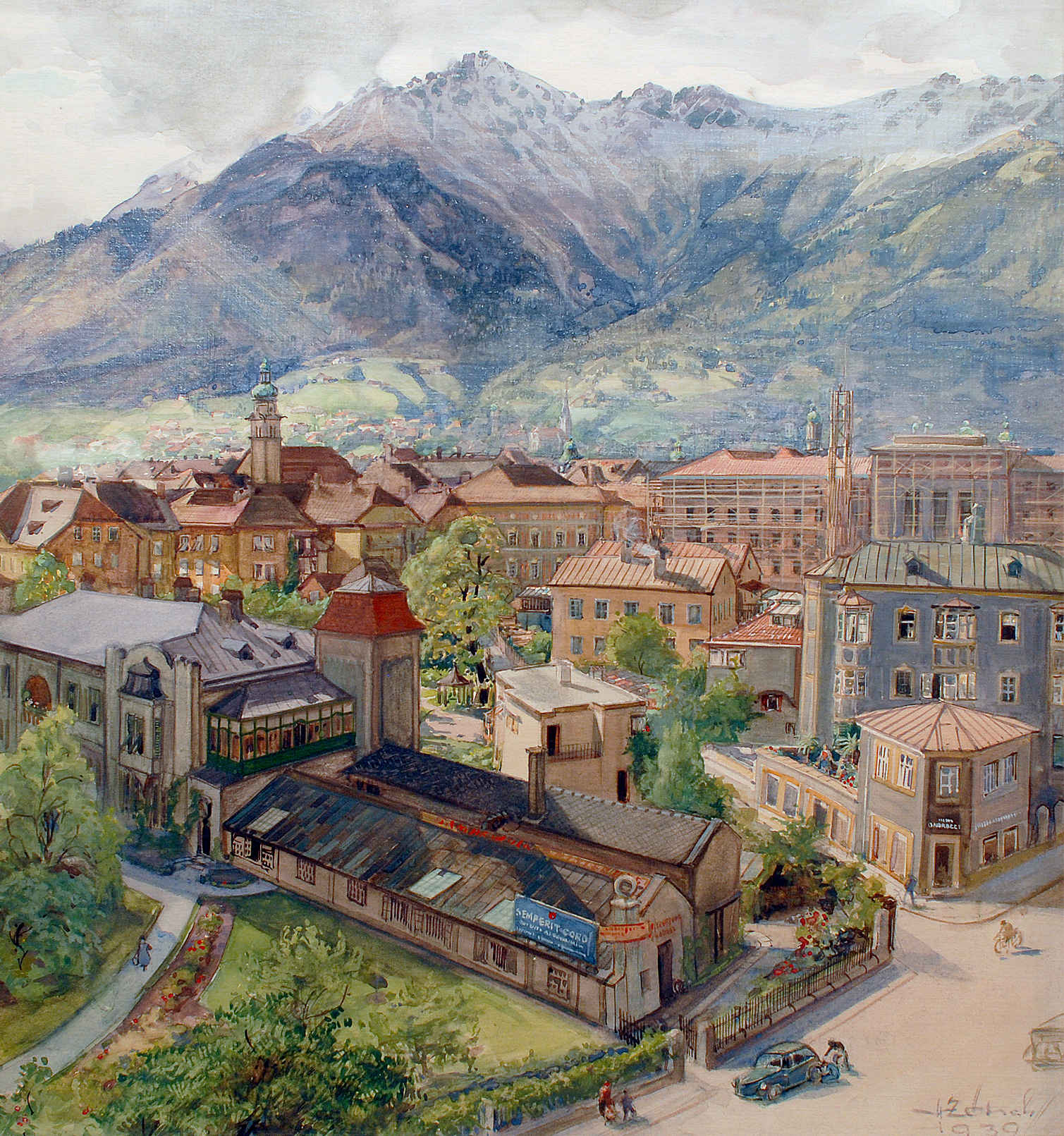 Hans Zötsch, Blick auf die Wilhelm-Greil-Straße und die Welsergasse, Aquarell, 1939. Die Häuser wurden zum Teil durch Bombentreffer im Zweiten Weltkrieg zerstört. Auf dem Areal befindet sich heute der Landhausplatz. (Stadtarchiv/Stadtmuseum Innsbruck, Bi-35_1721)