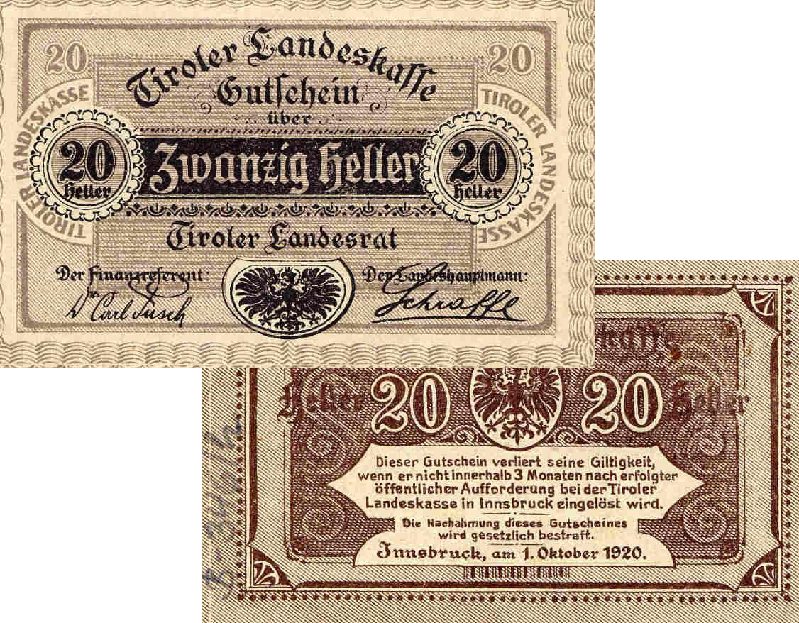 Notgeld der Tiroler Landeskasse im Wert von 20 Heller aus dem Jahre 1920.