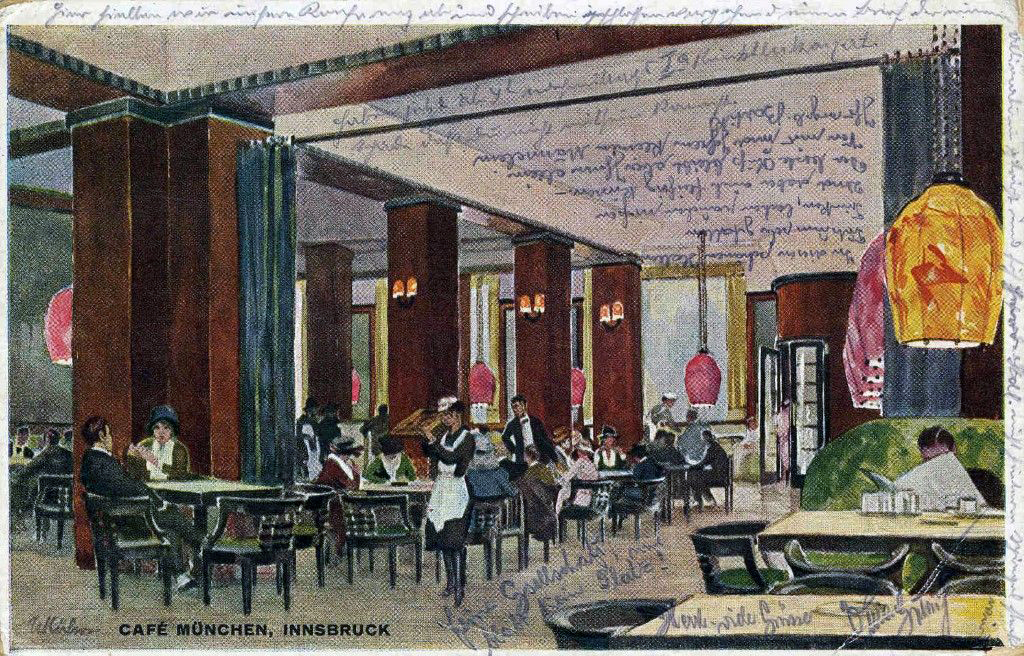 Postkarte mit einer Innenansicht des Café München in Innsbruck, Erlerstraße 17.