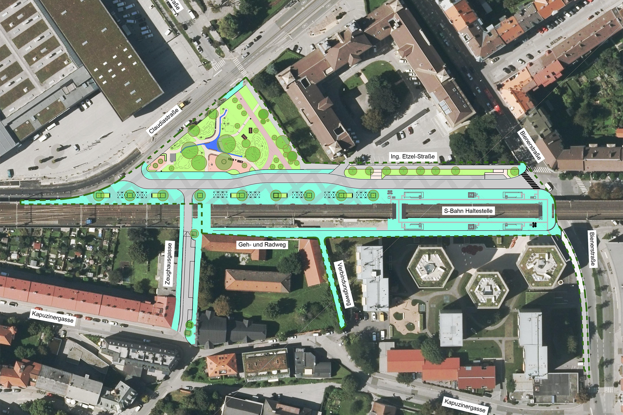 Die Neugestaltung rund um die neue ÖBB-Haltestelle Messe und den Messe-Park im Überblick. Die Begegnungszone erstreckt sich über 25 Bögen östlich bis zur Bienerstraße.