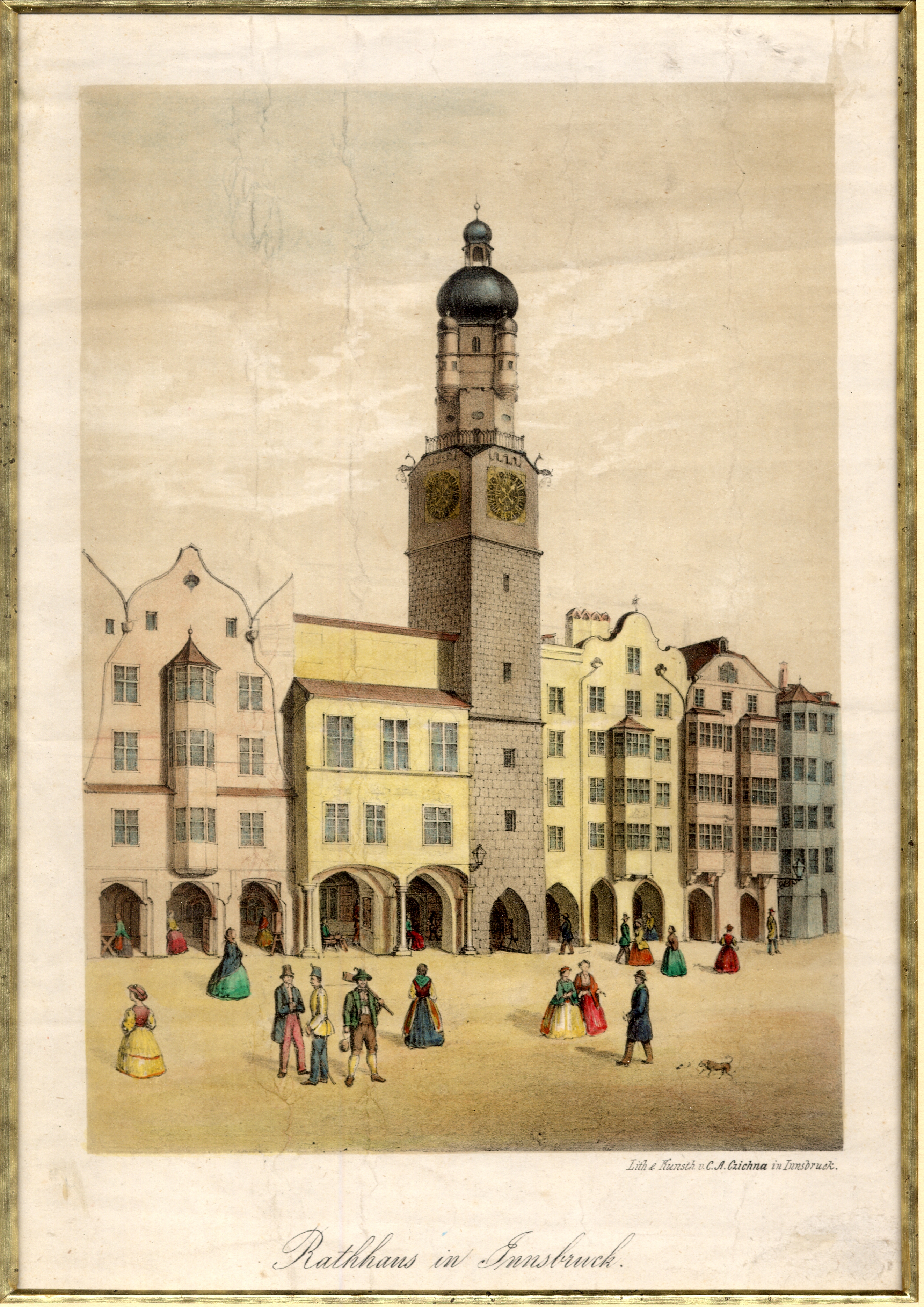Das alte Innsbrucker Rathaus stellte dem Sparkassenverein erste Räumlichkeiten zur Verfügung – ein Zeichen für die historisch enge Verbindung zwischen Stadt Innsbruck und Sparkasse Innsbruck. Rathaus Innsbruck, Lithographie um 1830, C.A. Czichna
