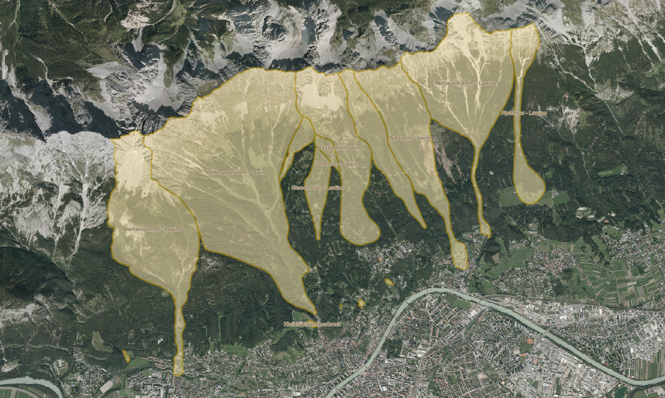 Übersicht der Lawineneinzugsgebiete in Innsbruck.