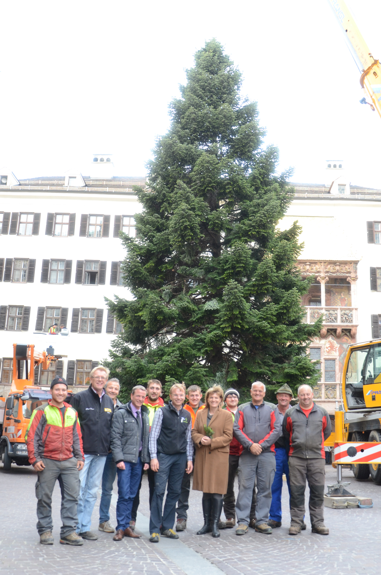 Vor der schwersten Christbaum-Tanne der Geschichte der Innsbrucker Christkindlmärkte: (3.v.l.) IAI-Geschäftsführer Robert Neuner, Vizebürgermeister Christoph Kaufmann, Referatsleiter Land- und Forstwirtschaft Albuin Neuner, Bürgermeisterin Christine Oppitz-Plörer mit den Mitarbeitern des städtischen Forstamtes.