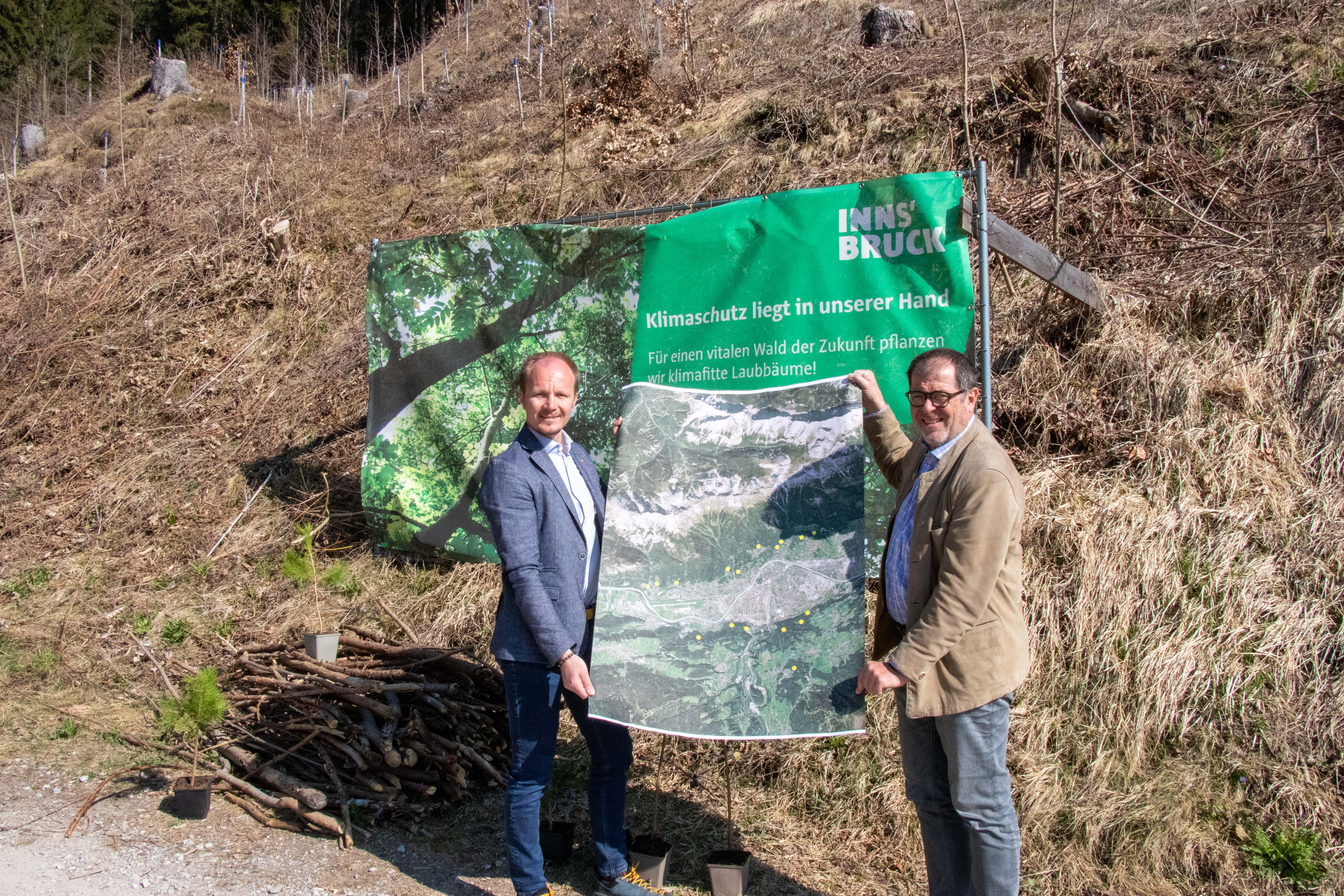 Vizebürgermeister Johannes Anzengruber und Amtsleiter Andreas Wildauer (r.) gaben einen Einblick in die Wichtigkeit des Waldes und der Aufforstung in den stadtnahen Wäldern, wie hier der Mühlauer Stadtwald im Bereich des Schillerwegs.