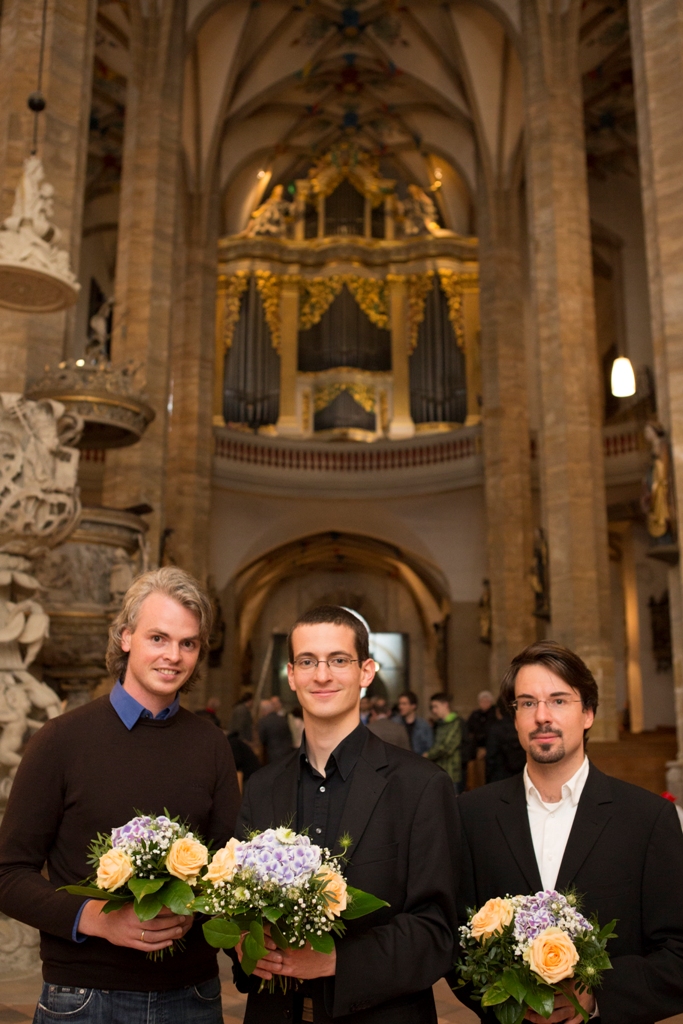 Die Preisträger des Grand Prix d'ECHO 2014 im Dom zu Freiberg: Martin Riccabona (Mitte) mit den beiden Drittplatzierten Simon Reichert (links) und und Nicolas Berndt. Der zweite Preis wurde nicht vergeben.
