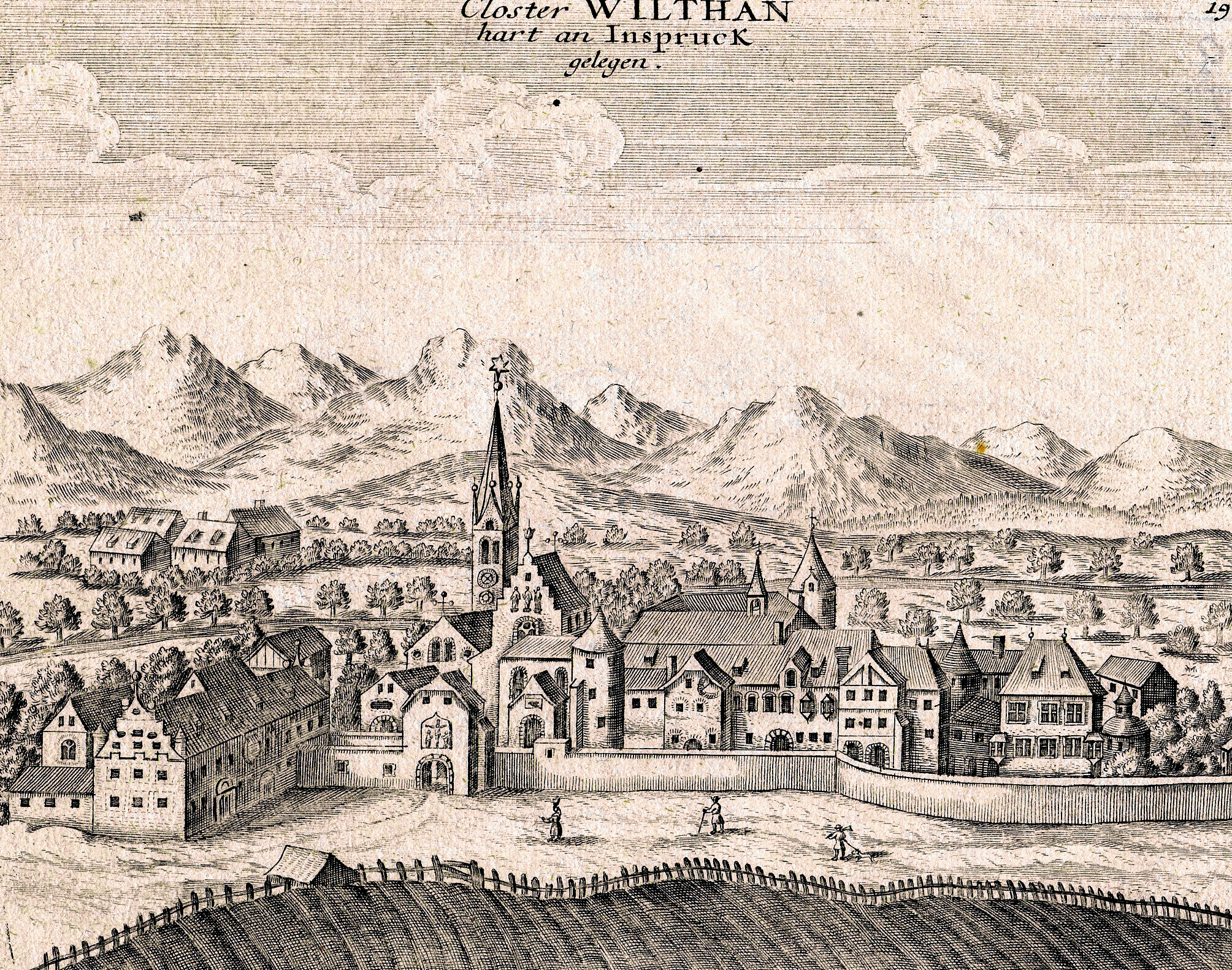 Closter Wilthan hart an Inspruck gelegen, Kupferstich (Ausschnitt) von Gabriel Bodenehr (1664–1758).