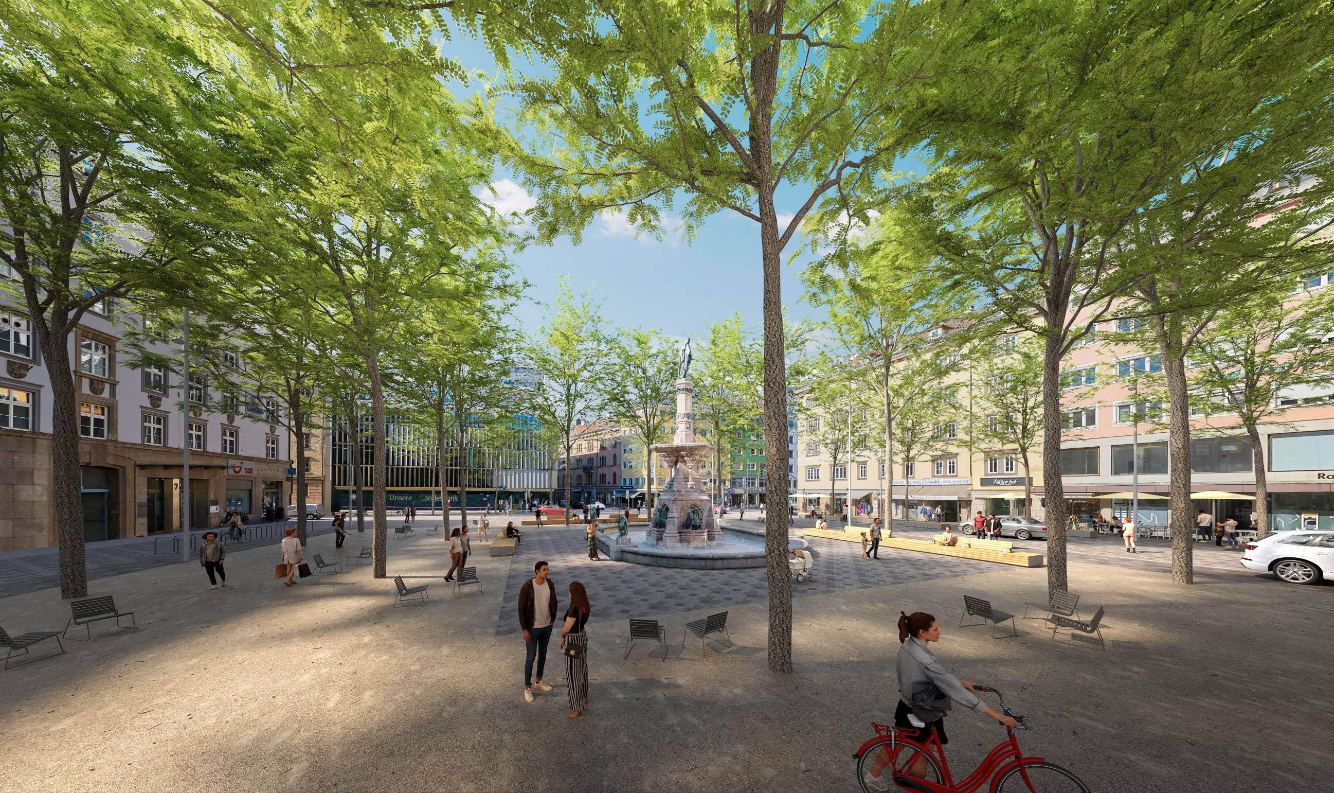 Die Begegnungszone umfasst den gesamten Bozner Platz und schließt an bestehende Begegnungszonen in der Meraner Straße, Erlerstraße, Gilmstraße und Wilhelm-Greil-Straße Nord an.