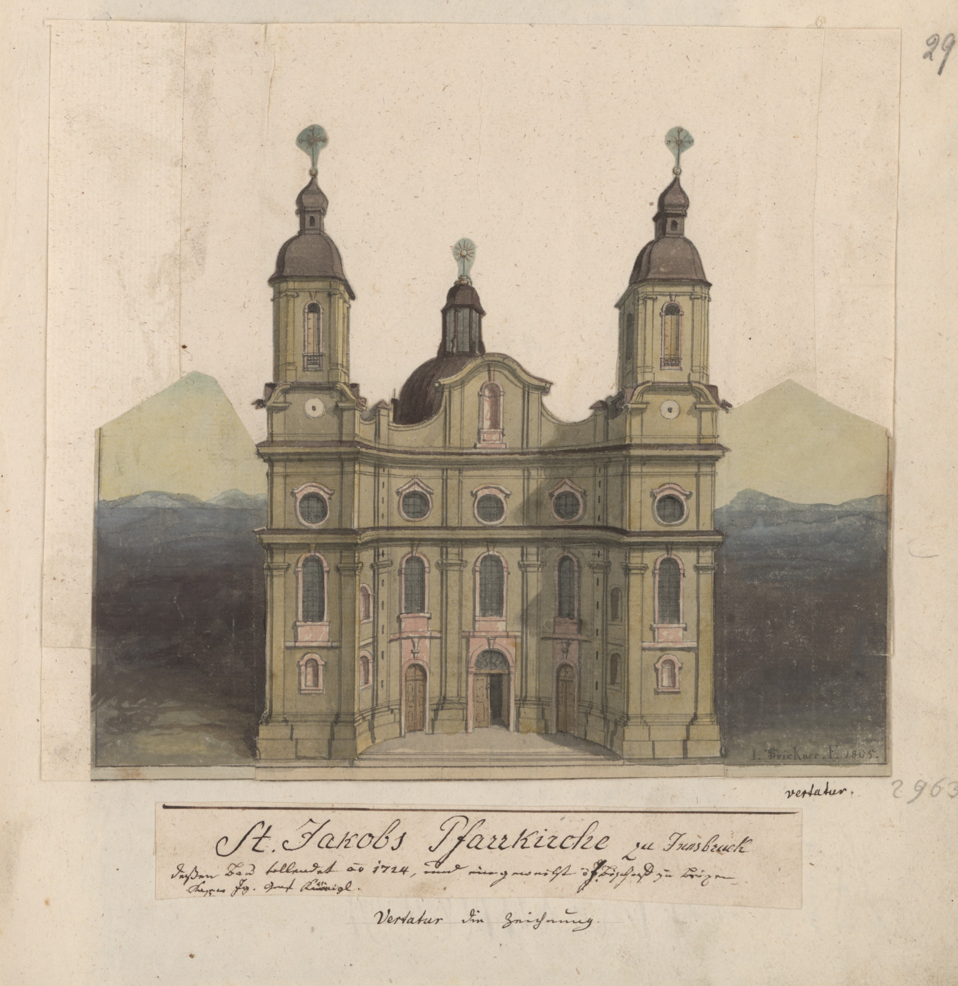 Historische Ansicht von St. Jakob aus dem Jahr 1805. Erst 1964 erfolgte die Erhebung der Stadtpfarrkirche zum Dom.