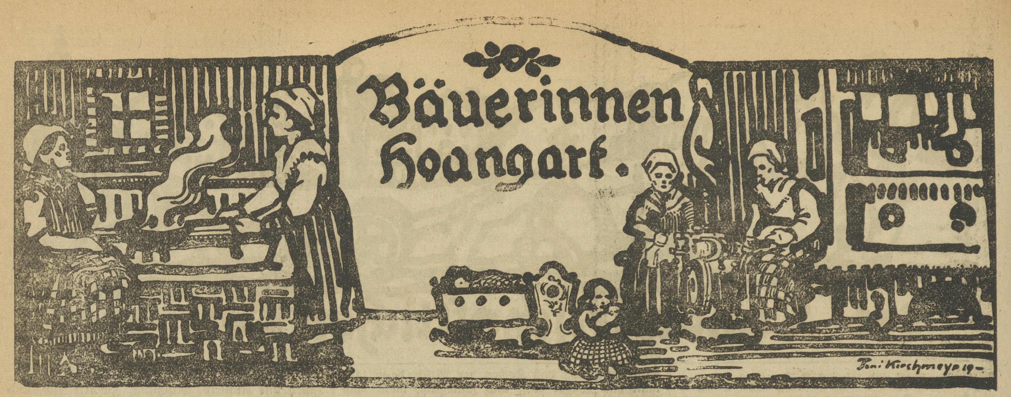 Motiv der Rubrik „Bäuerinnen Hoangart“ von Anton Kirchmayr; darauf sind „typische“ Zuschreibungen zu sehen: kochen, Kinder erziehen, weben.