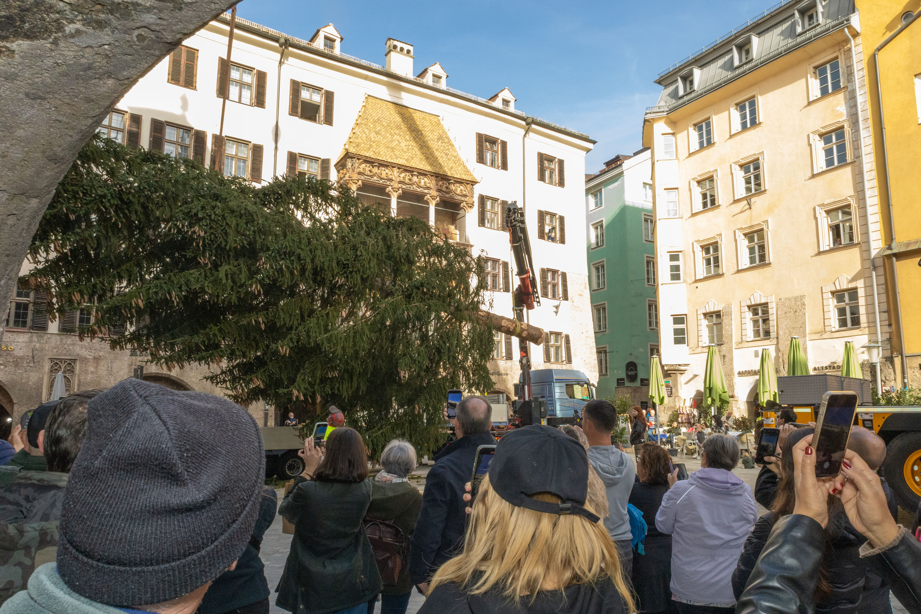 Der Baum wird nun vor den zahlreichen Schaulustigen positioniert. Das Geschehen wird natürlich gleich fotografisch festgehalten.
