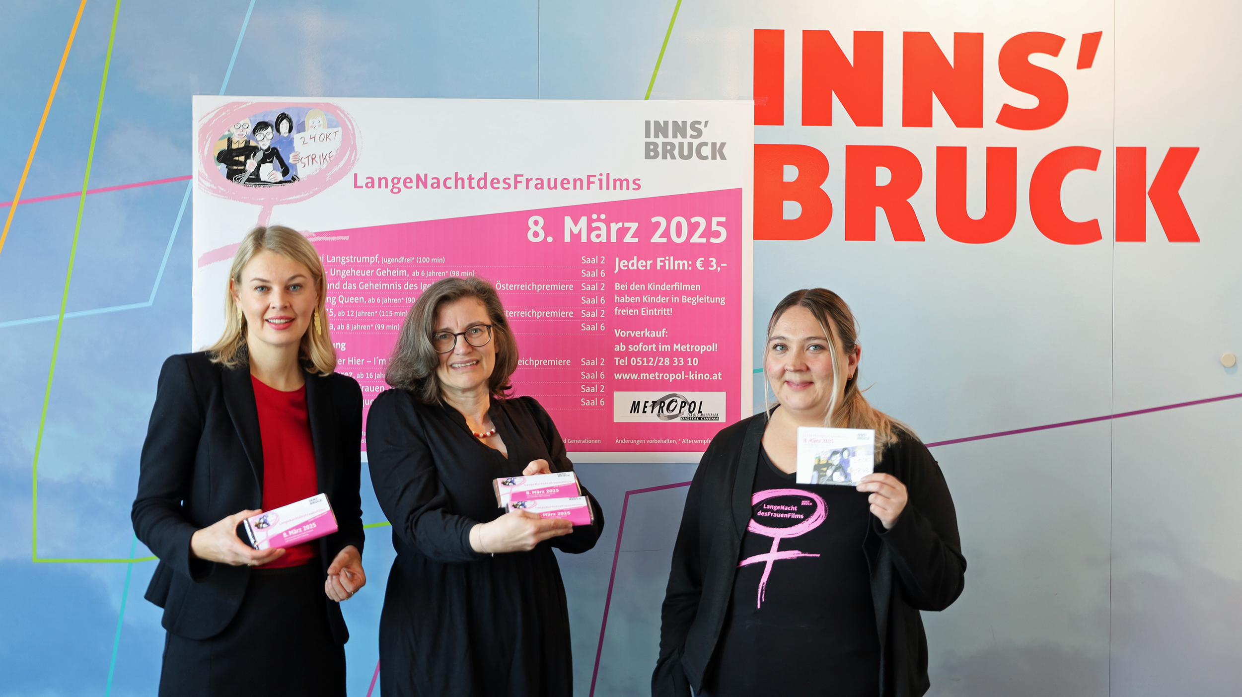 Am Weltfrauentag, 8. März, zeigt das Metropol-Kino 10 Filme von und über starke Frauen: Vizebürgermeisterin Elisabeth Mayr, Patrizia Hueber (Metropol-Kino) und Sarah Mair (Frauen und Generationen) präsentierten das Programm.