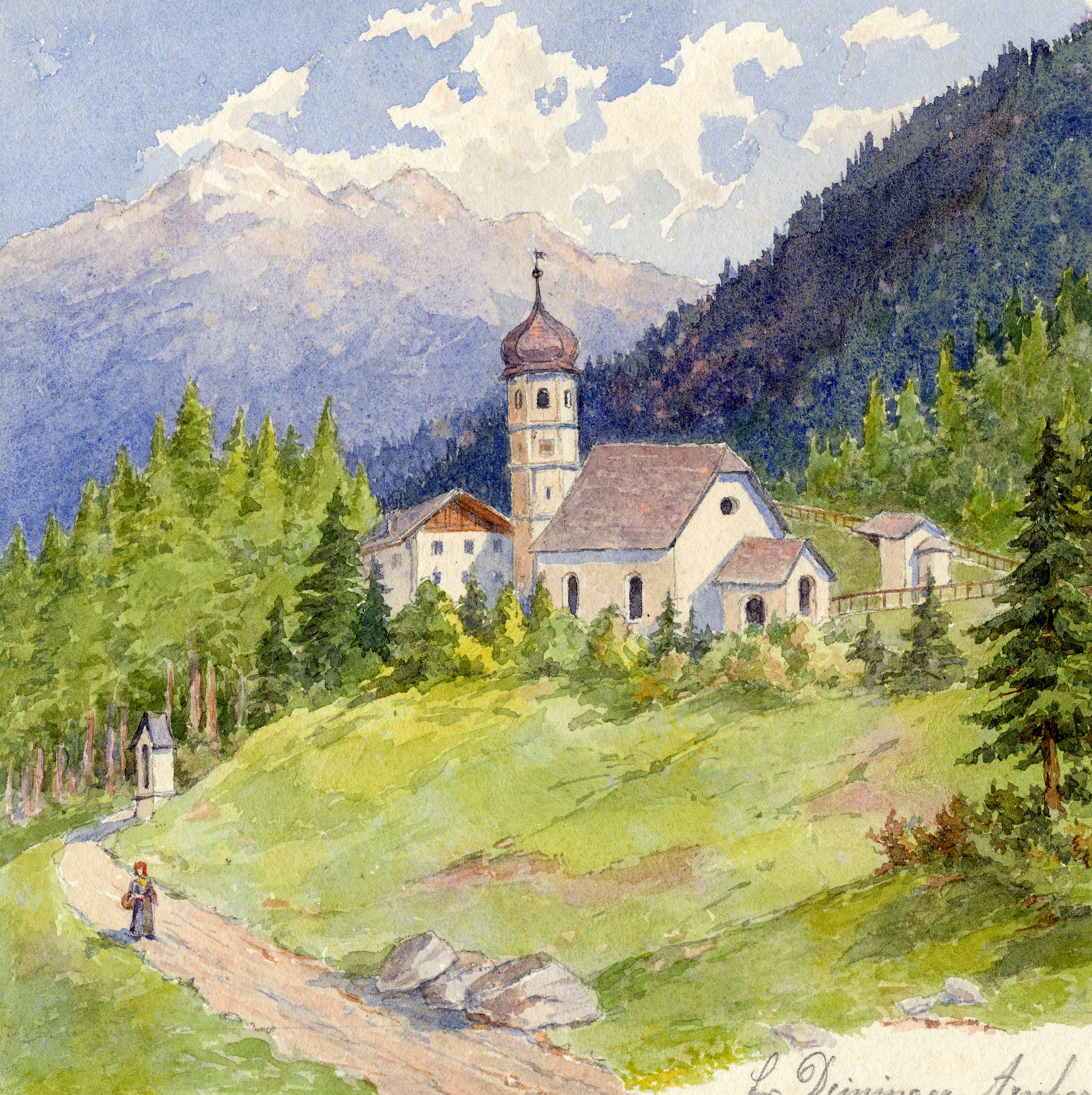 Aquarell der Künstlerin Gabriele Deininger-Arnhard (1855-1945). Zu sehen ist die Kirche Heiligwasser mit dem Glungezer im Hintergrund.
