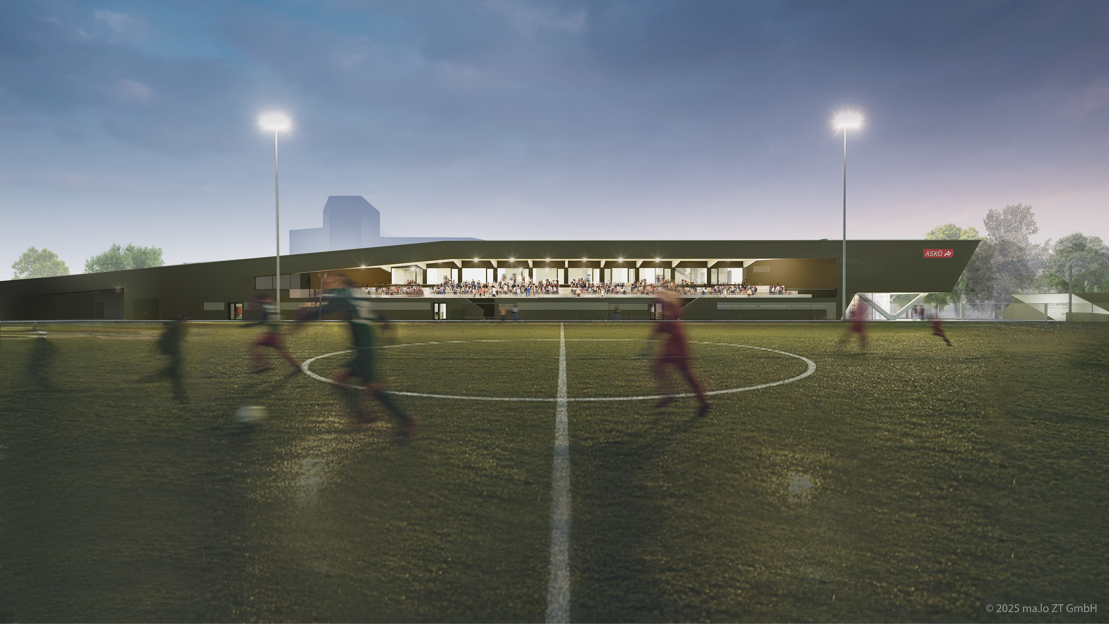 Die multifunktionale ASKÖ-Sportanlage wird in der Campagne Reichenau gebaut. Die obige Visualisierung zeigt die fertige Anlage.